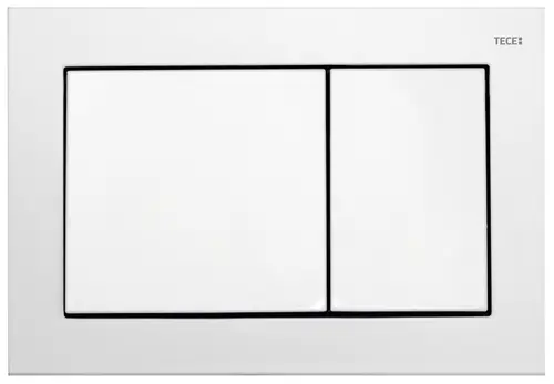 Weiße Betätigungsplatte von TECE mit zwei gleich großen Knöpfen, die für die Zweimengentechnik ausgelegt ist. Minimalistische Gestaltung in rechteckiger Form.
